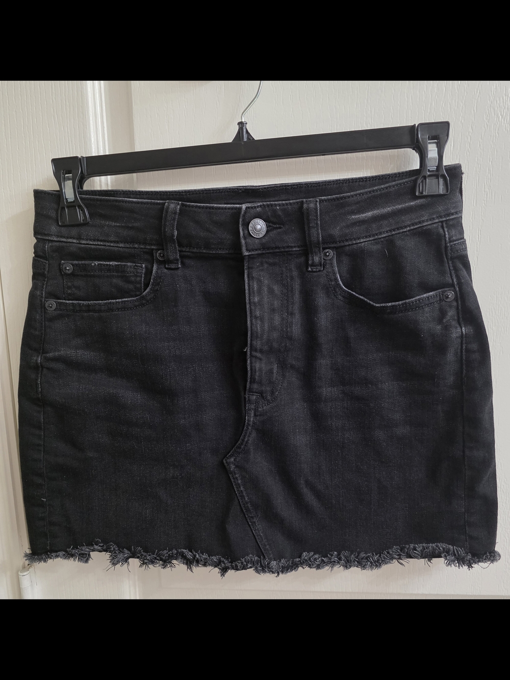 American Eagle Outfitters Black Denim Mini Skirt with Frayed Hem